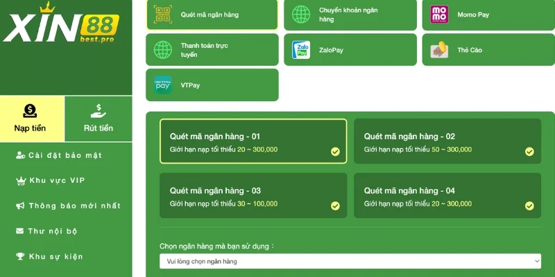 Sử dụng ngân hàng để giao dịch nạp tiền XIN88